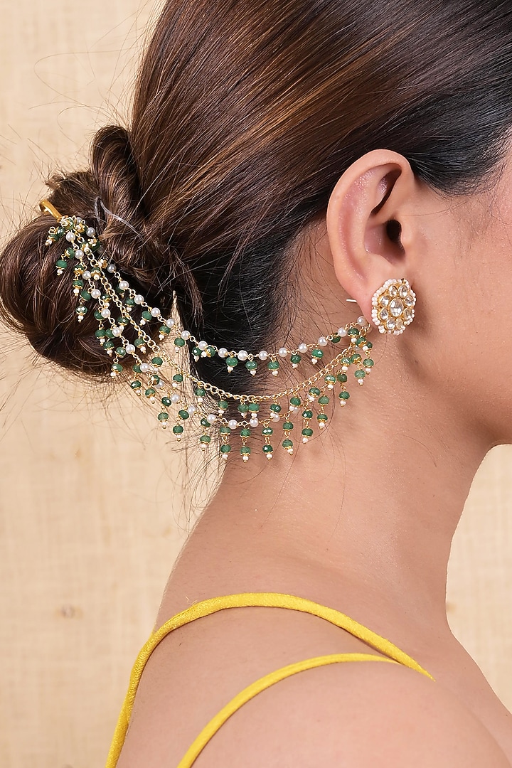 Gold Plated Green Jadau Kundan Polki Earchains by Shlok Jewels at Pernia's Pop Up Shop
