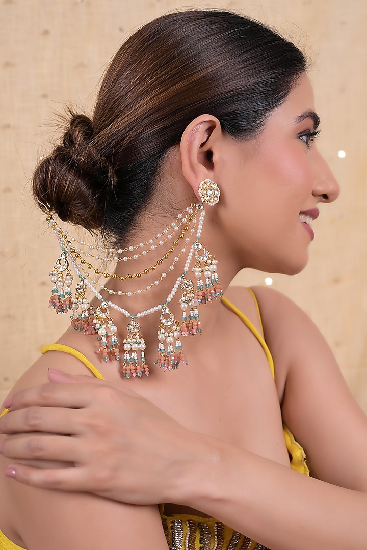 Gold Plated Jadau Kundan Polki Earchains by Shlok Jewels at Pernia's Pop Up Shop
