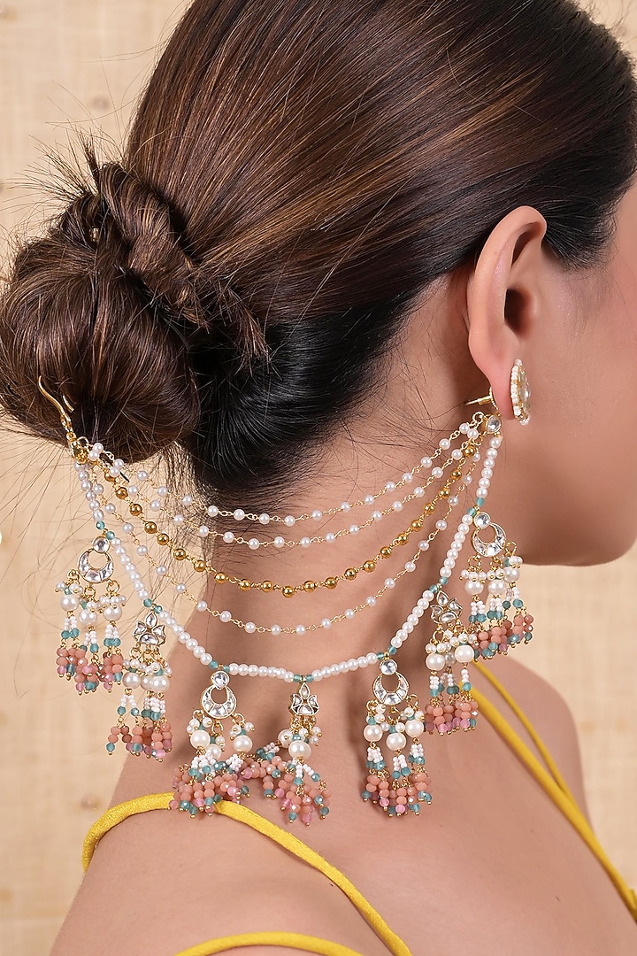 Gold Plated Jadau Kundan Polki Earchains by Shlok Jewels at Pernia's Pop Up Shop