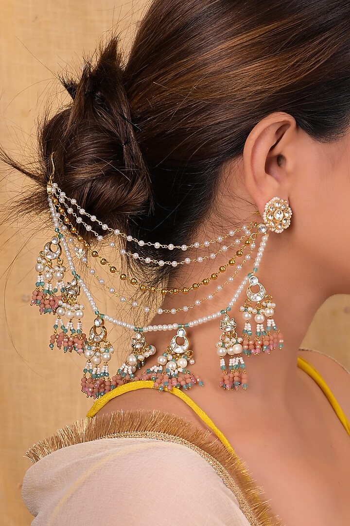 Gold Plated Jadau Kundan Polki Earchains by Shlok Jewels at Pernia's Pop Up Shop