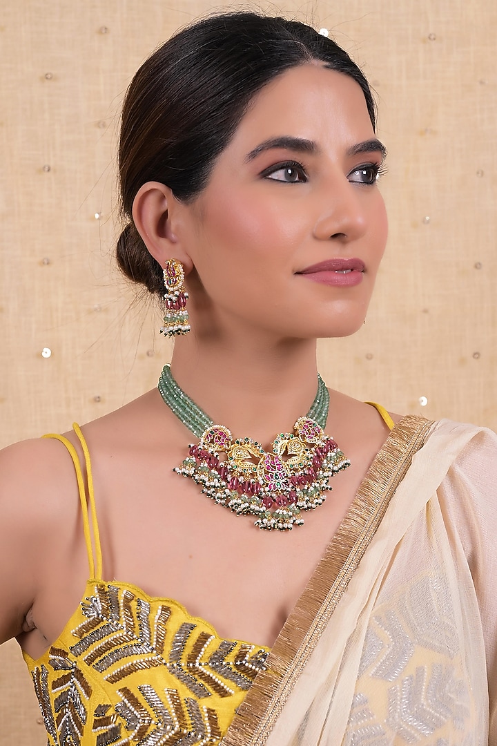 Gold Plated Multi-Colored Jadau Kundan Polki Choker Necklace Set by Shlok Jewels at Pernia's Pop Up Shop