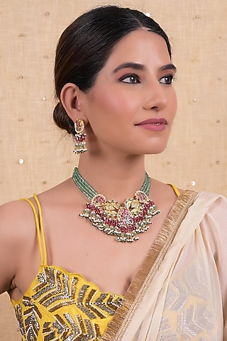 Gold Plated Multi-Colored Jadau Kundan Polki Choker Necklace Set by Shlok Jewels