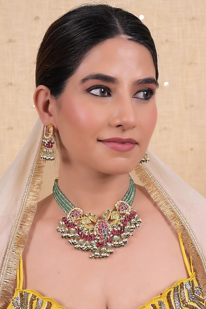 Gold Plated Multi-Colored Jadau Kundan Polki Choker Necklace Set by Shlok Jewels at Pernia's Pop Up Shop