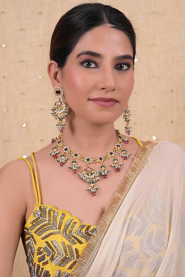 Gold Plated Multi-Colored Jadau Kundan Polki Necklace Set by Shlok Jewels at Pernia's Pop Up Shop