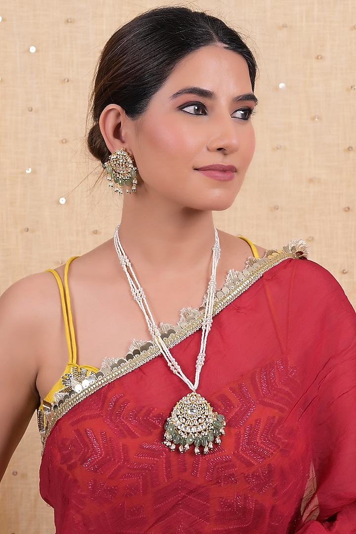 Gold Plated Jadau Kundan Polki Long Necklace Set by Shlok Jewels at Pernia's Pop Up Shop