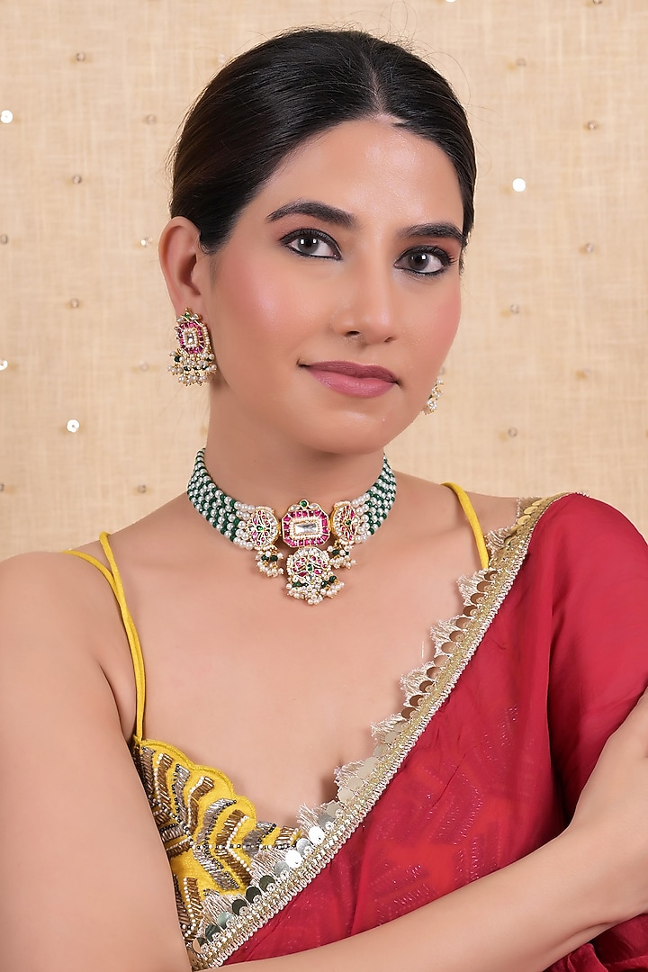 Gold Plated Multi-Colored Jadau Kundan Polki Choker Necklace Set by Shlok Jewels at Pernia's Pop Up Shop