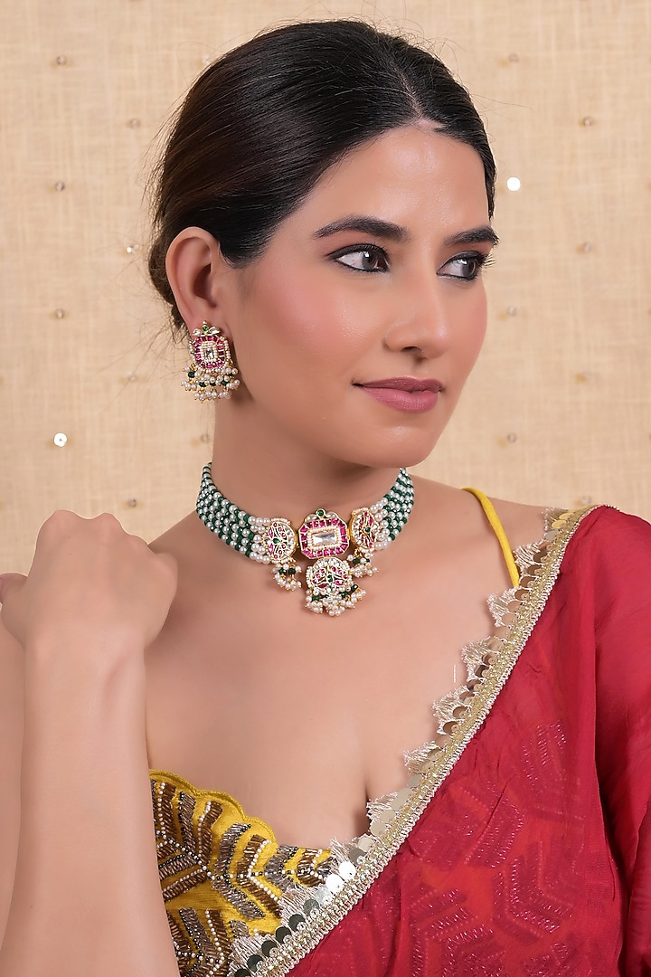 Gold Plated Multi-Colored Jadau Kundan Polki Choker Necklace Set by Shlok Jewels at Pernia's Pop Up Shop