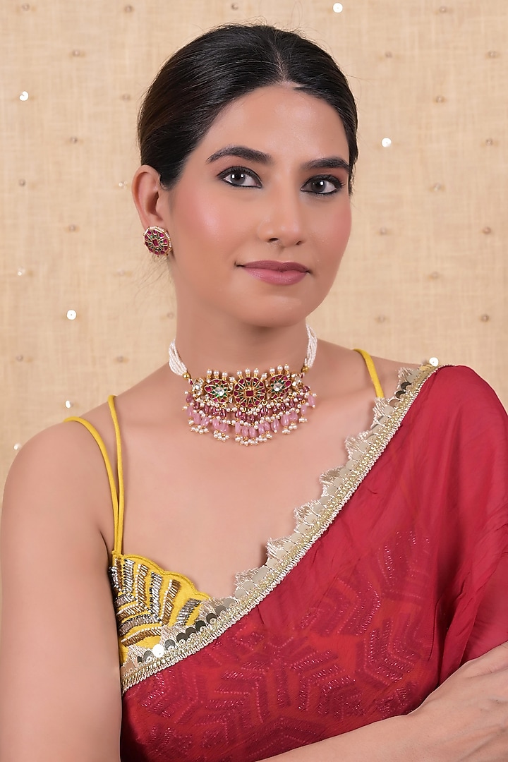 Gold Plated Multi-Colored Jadau Kundan Polki Choker Necklace Set by Shlok Jewels at Pernia's Pop Up Shop