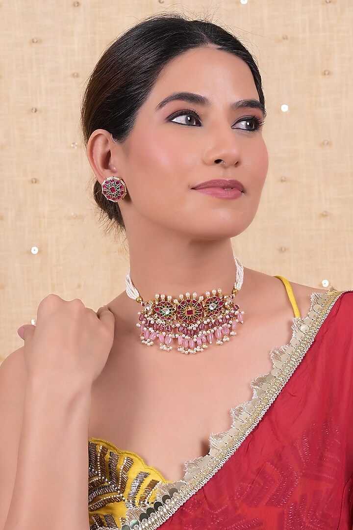 Gold Plated Multi-Colored Jadau Kundan Polki Choker Necklace Set by Shlok Jewels at Pernia's Pop Up Shop