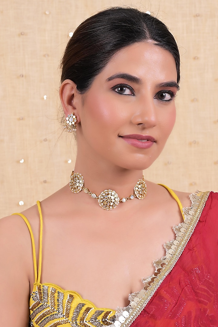 Gold Plated Mother Of Pearl Choker Necklace Set by Shlok Jewels at Pernia's Pop Up Shop