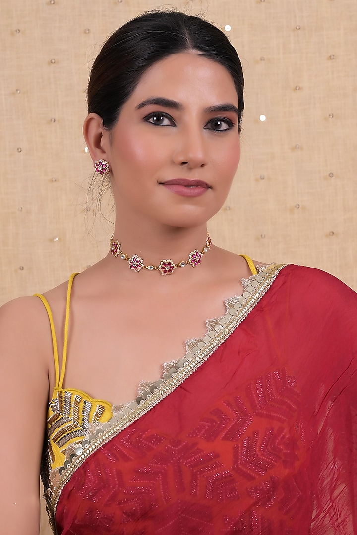 Gold Plated Pink Jadau Kundan Polki Choker Necklace Set by Shlok Jewels at Pernia's Pop Up Shop