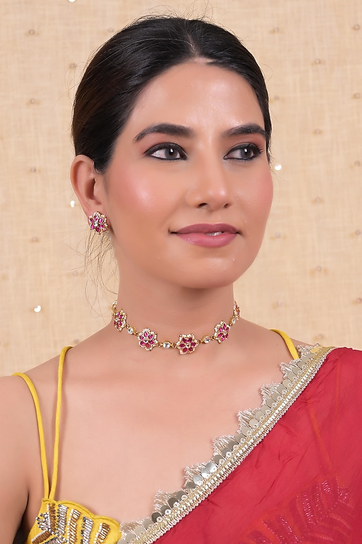 Gold Plated Pink Jadau Kundan Polki Choker Necklace Set by Shlok Jewels at Pernia's Pop Up Shop