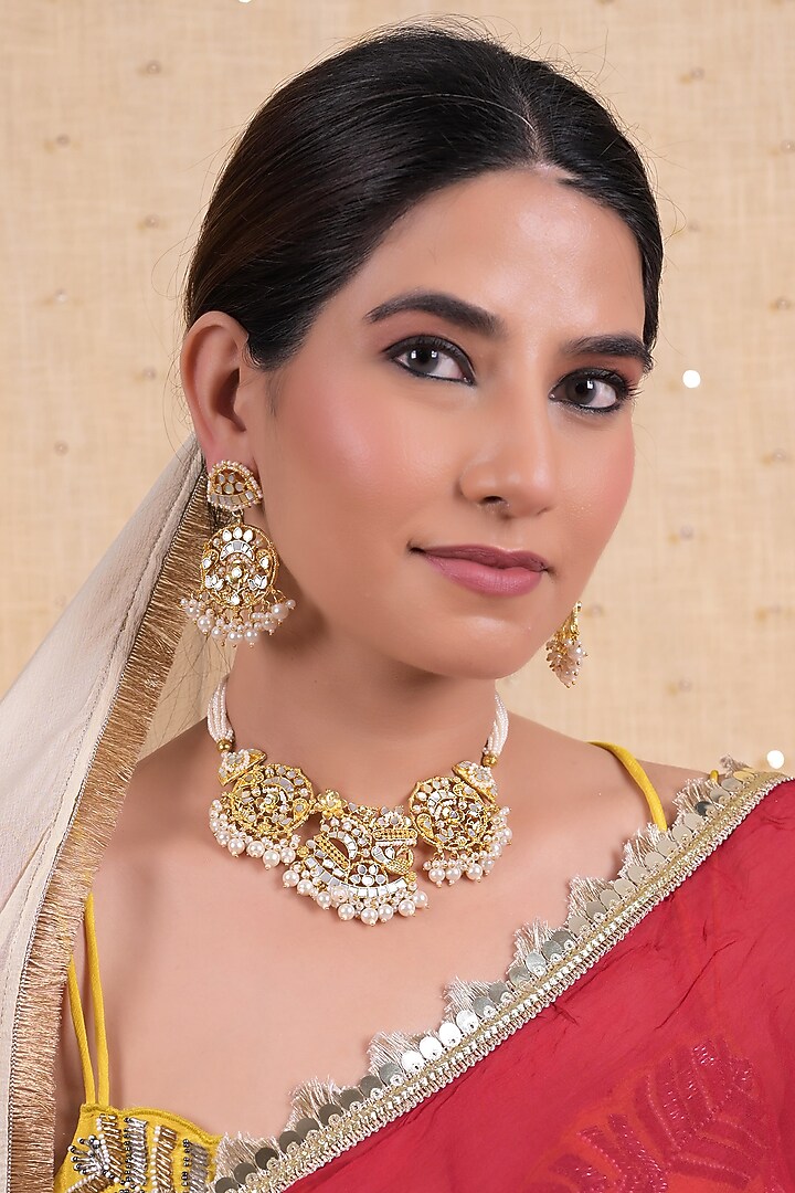 Gold Plated Mother Of Pearl Choker Necklace Set by Shlok Jewels at Pernia's Pop Up Shop