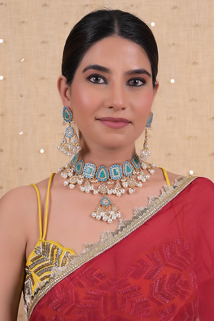 Gold Plated Blue Jadau Kundan Polki Necklace Set by Shlok Jewels at Pernia's Pop Up Shop