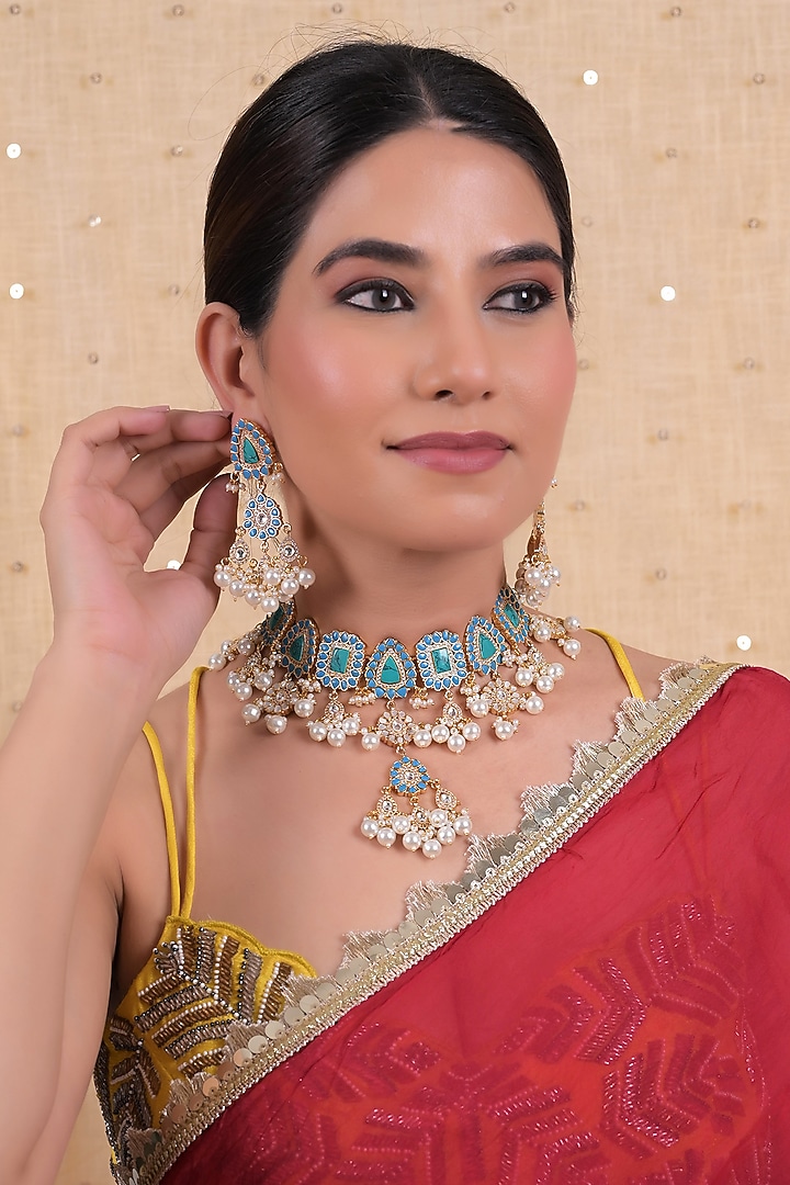 Gold Plated Blue Jadau Kundan Polki Necklace Set by Shlok Jewels at Pernia's Pop Up Shop