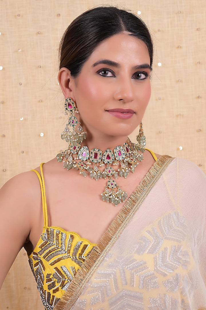 Gold Plated Multi-Colored Jadau Kundan Polki Necklace Set by Shlok Jewels at Pernia's Pop Up Shop