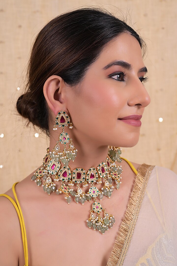 Gold Plated Multi-Colored Jadau Kundan Polki Necklace Set by Shlok Jewels at Pernia's Pop Up Shop