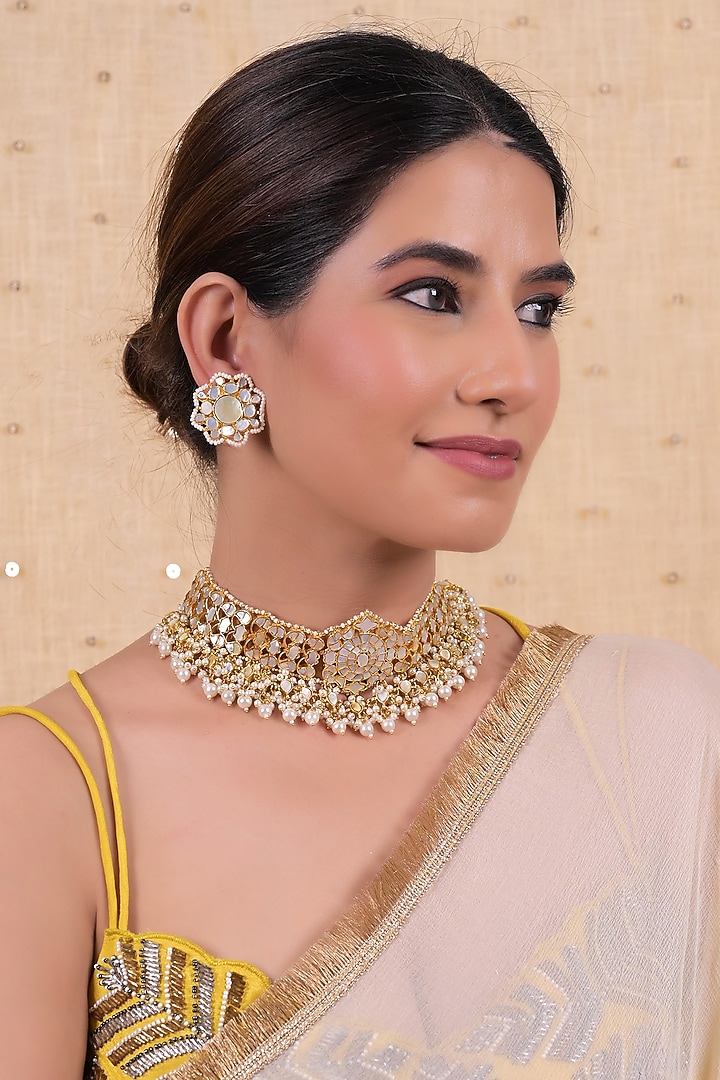 Gold Plated Mother Of Pearl Choker Necklace Set by Shlok Jewels at Pernia's Pop Up Shop