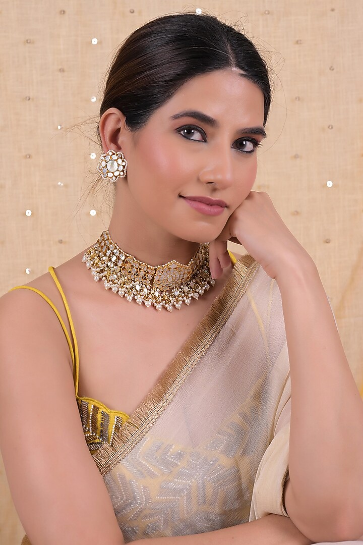 Gold Plated Mother Of Pearl Choker Necklace Set by Shlok Jewels at Pernia's Pop Up Shop
