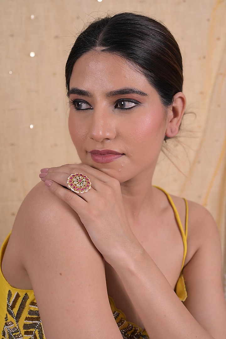 Gold Plated Pink Jadau Kundan Polki Ring by Shlok Jewels at Pernia's Pop Up Shop
