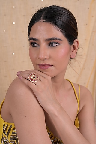 Gold Plated Pink Jadau Kundan Polki Ring by Shlok Jewels
