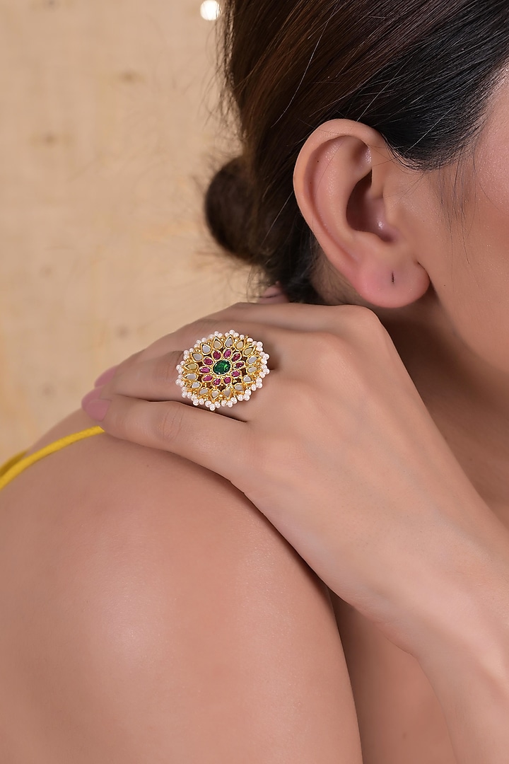 Gold Plated Multi-Colored Jadau Kundan Polki Ring by Shlok Jewels at Pernia's Pop Up Shop