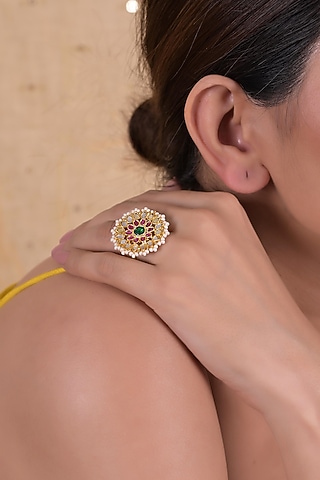 Gold Plated Multi-Colored Jadau Kundan Polki Ring by Shlok Jewels