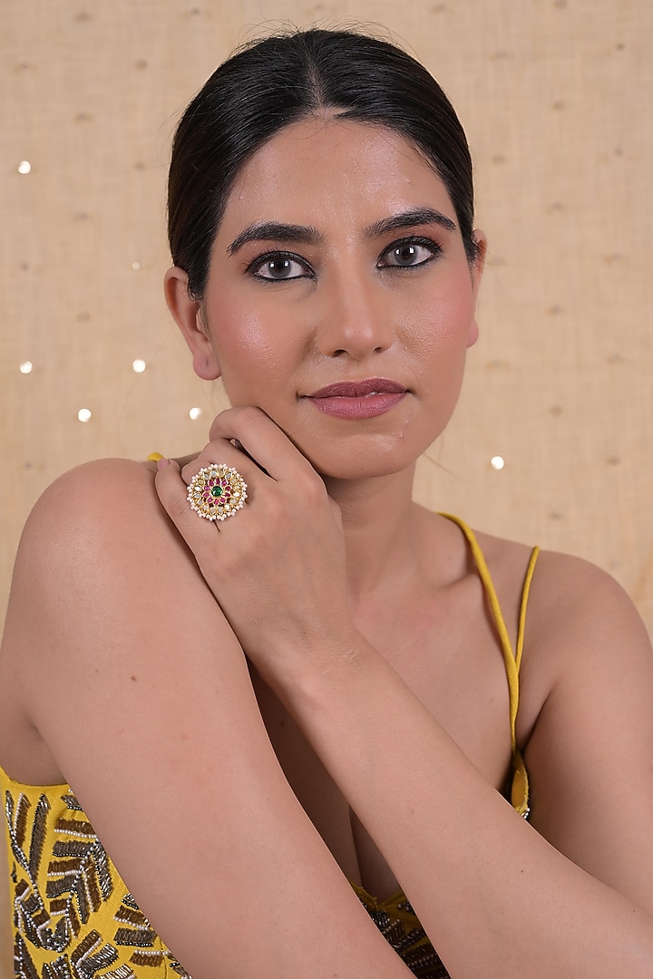 Gold Plated Multi-Colored Jadau Kundan Polki Ring by Shlok Jewels at Pernia's Pop Up Shop