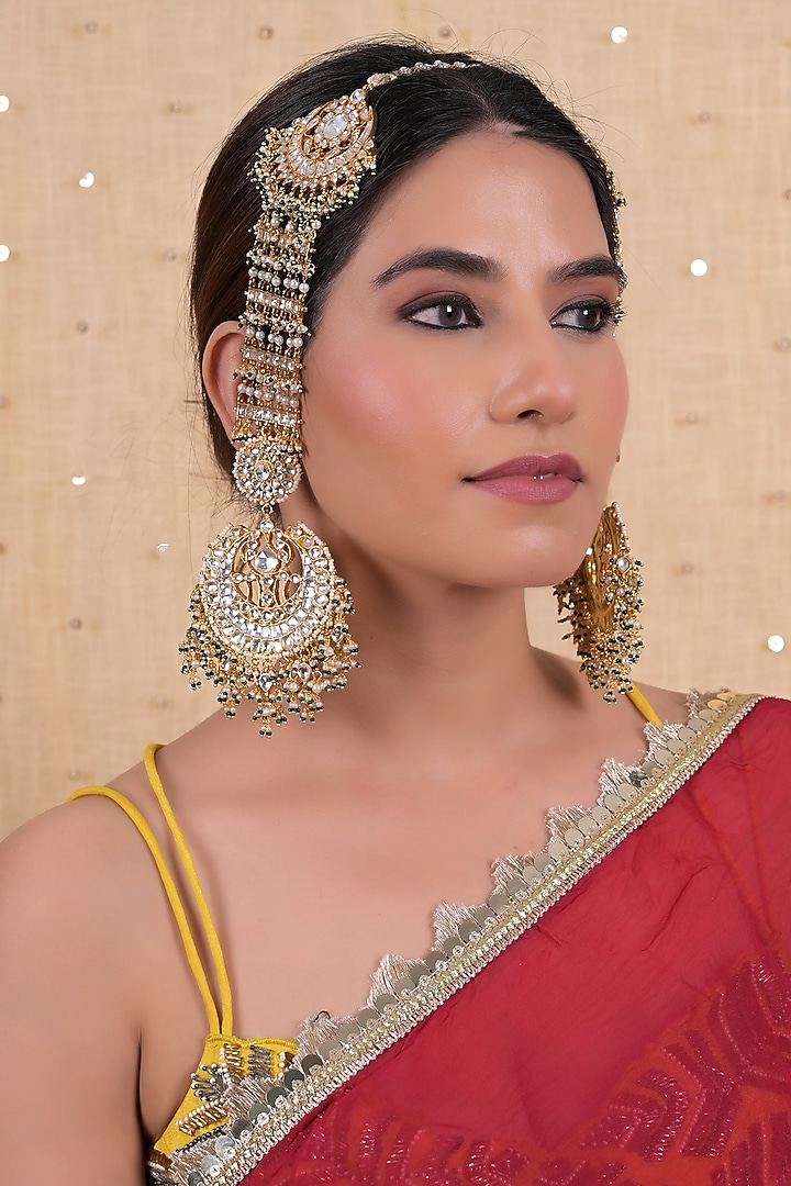 Gold Plated Jadau Kundan Polki Chandbali Earrings by Shlok Jewels at Pernia's Pop Up Shop