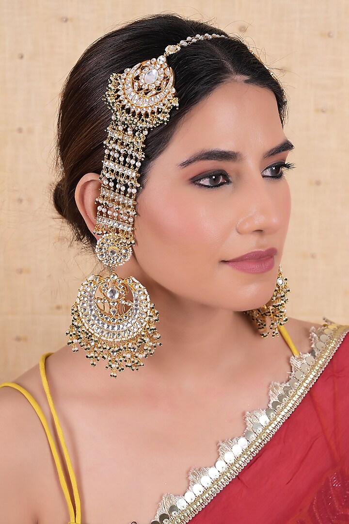 Gold Plated Jadau Kundan Polki Chandbali Earrings by Shlok Jewels at Pernia's Pop Up Shop