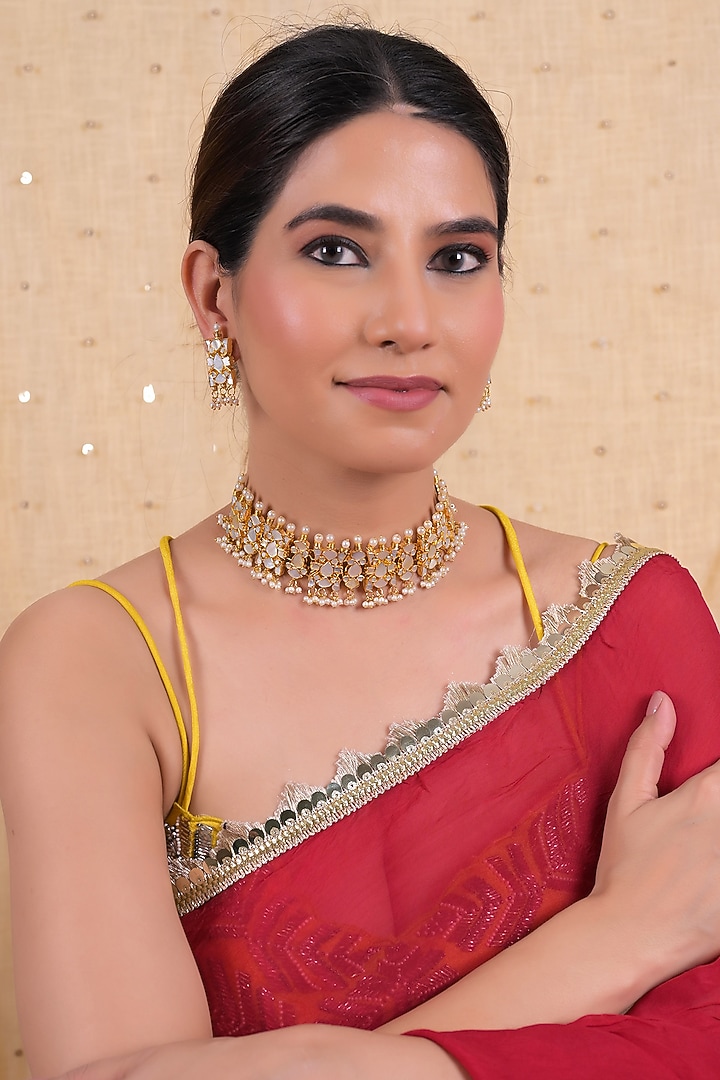 Gold Plated Mother Of Pearl Choker Necklace Set by Shlok Jewels at Pernia's Pop Up Shop