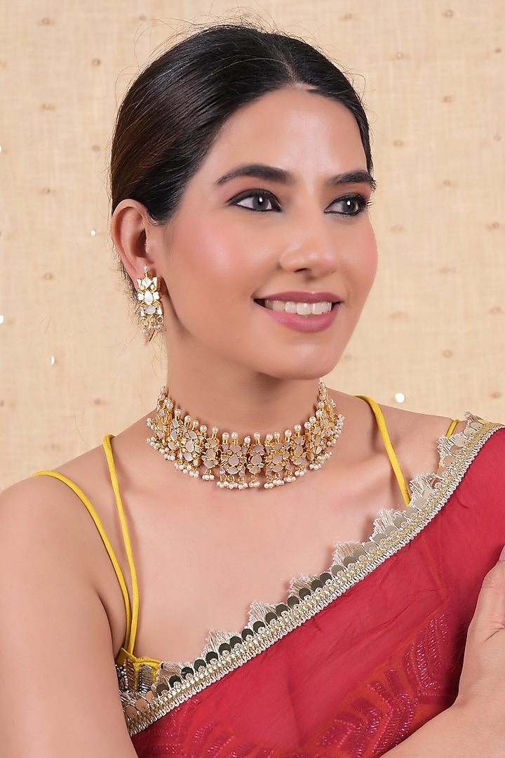 Gold Plated Mother Of Pearl Choker Necklace Set by Shlok Jewels at Pernia's Pop Up Shop