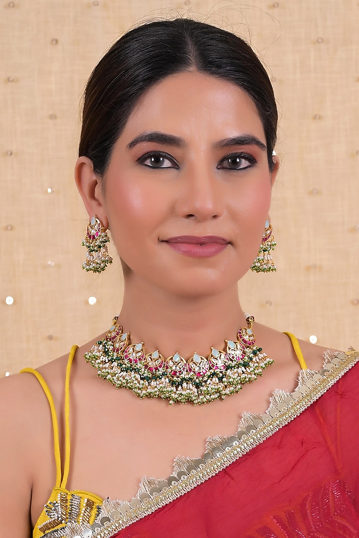 Gold Plated Multi-Colored Jadau Kundan Polki Necklace Set by Shlok Jewels at Pernia's Pop Up Shop