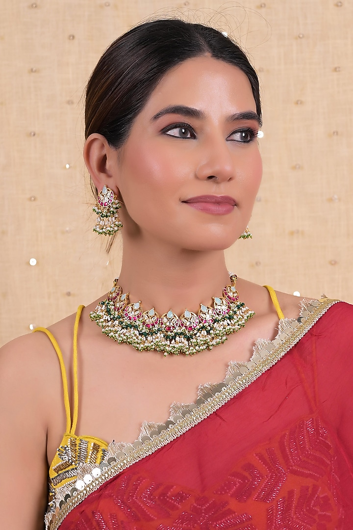 Gold Plated Multi-Colored Jadau Kundan Polki Necklace Set by Shlok Jewels at Pernia's Pop Up Shop