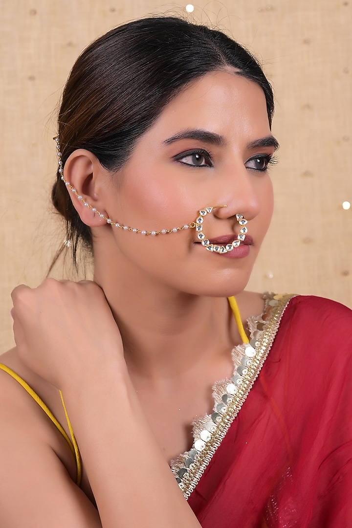 Gold Plated Jadau Kundan Polki Nose Ring by Shlok Jewels at Pernia's Pop Up Shop