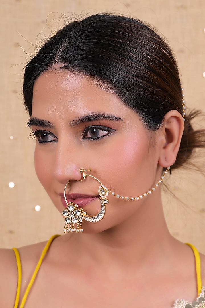 Gold Plated Jadau Kundan Polki Nose Ring by Shlok Jewels at Pernia's Pop Up Shop