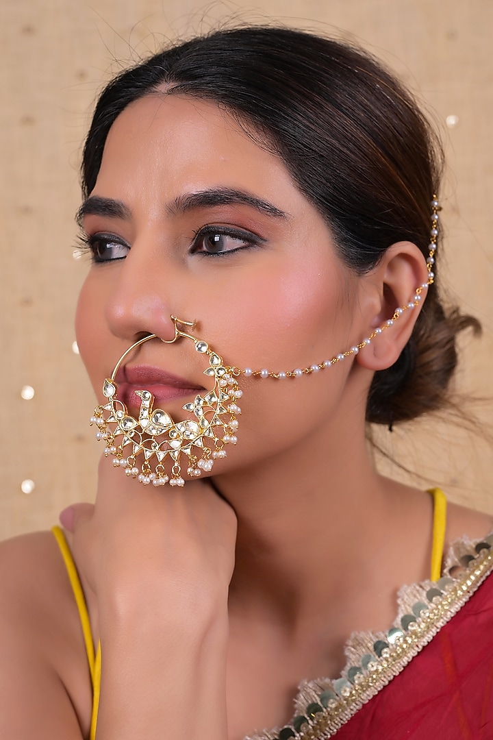 Gold Plated Jadau Kundan Polki Nose Ring by Shlok Jewels at Pernia's Pop Up Shop