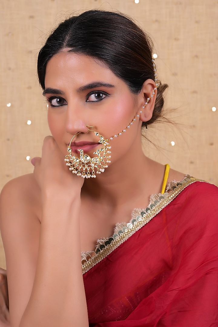 Gold Plated Jadau Kundan Polki Nose Ring by Shlok Jewels at Pernia's Pop Up Shop