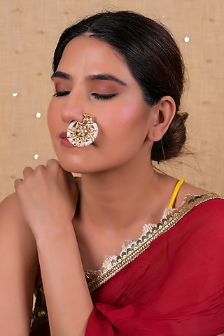 Gold Plated Jadau Kundan Polki Nose Ring by Shlok Jewels
