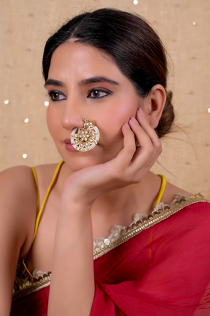 Gold Plated Jadau Kundan Polki Nose Ring by Shlok Jewels at Pernia's Pop Up Shop