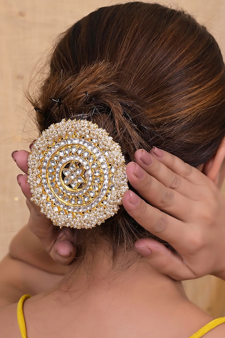 Gold Plated Jadau Kundan Polki Hair Accessory by Shlok Jewels at Pernia's Pop Up Shop