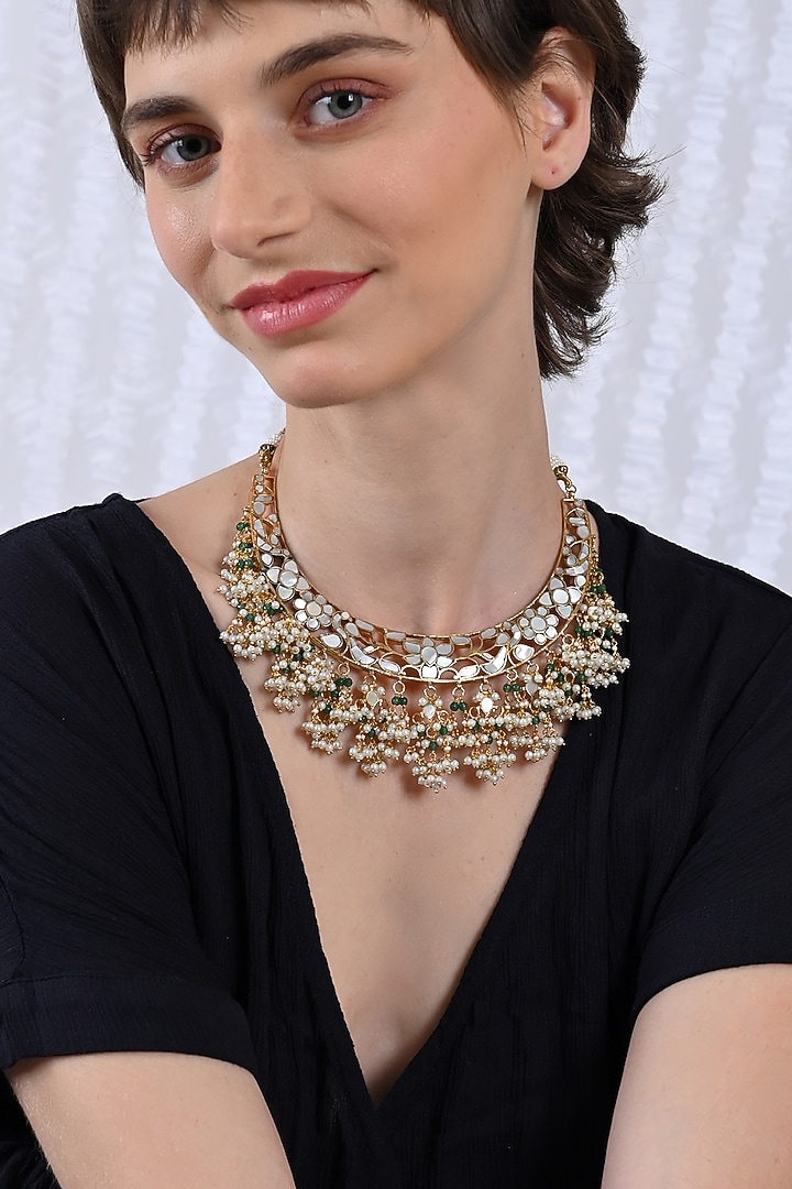 Gold Plated Mother Of Pearl Choker Necklace Set by Shlok Jewels at Pernia's Pop Up Shop