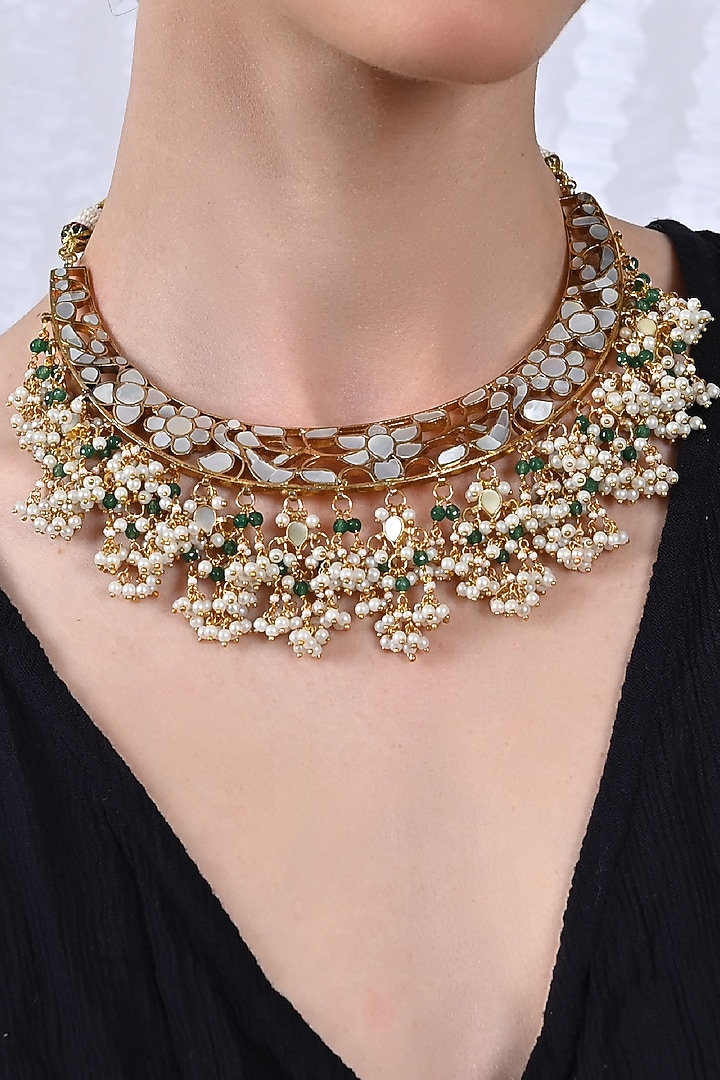 Gold Plated Mother Of Pearl Choker Necklace Set by Shlok Jewels at Pernia's Pop Up Shop