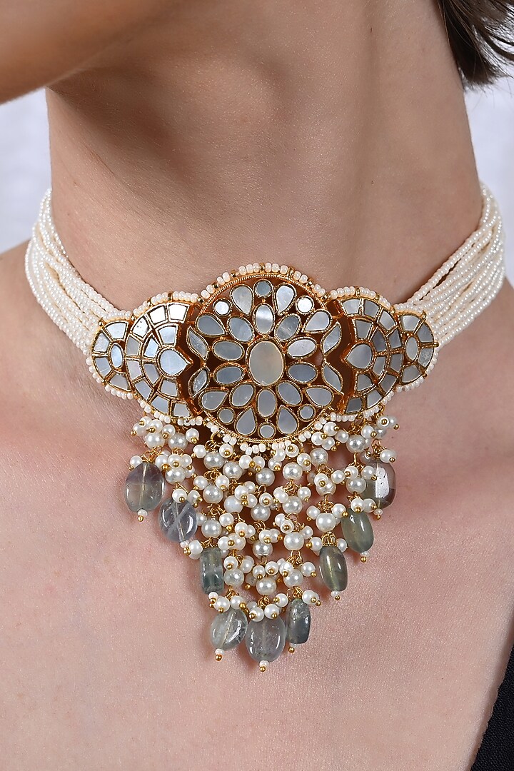 Gold Plated Mother Of Pearl Choker Necklace Set by Shlok Jewels at Pernia's Pop Up Shop