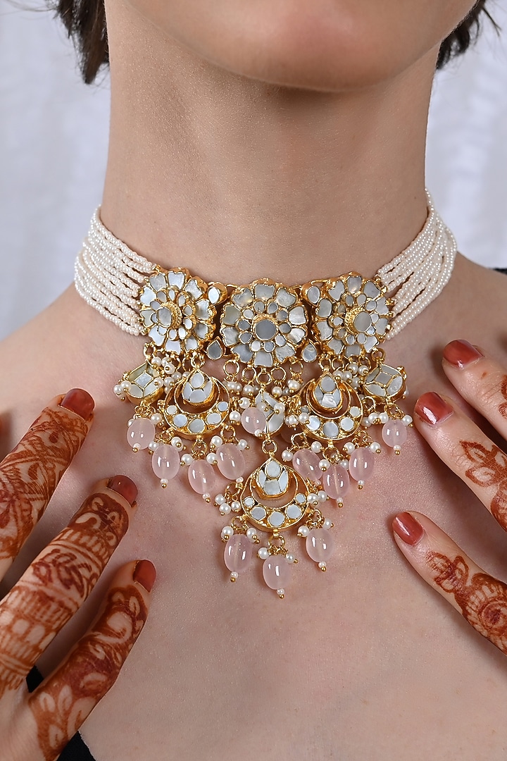 Gold Plated Mother Of Pearl Choker Necklace Set by Shlok Jewels at Pernia's Pop Up Shop