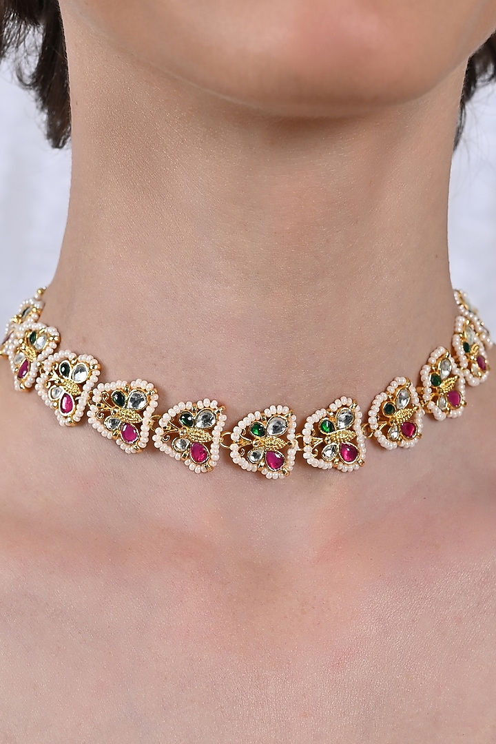 Gold Plated Multi-Colored Jadau Kundan Polki Choker Necklace by Shlok Jewels at Pernia's Pop Up Shop