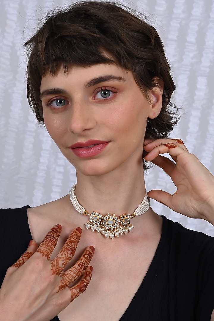 Gold Plated Mother Of Pearl Choker Necklace Set by Shlok Jewels at Pernia's Pop Up Shop