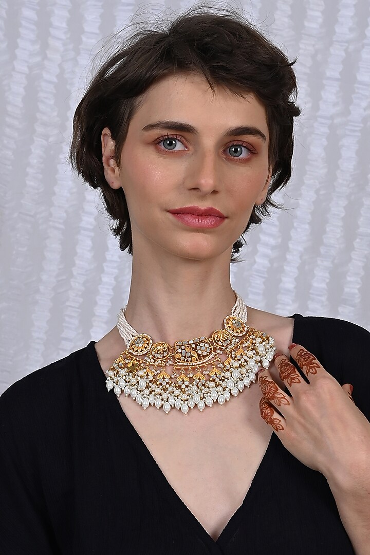 Gold Plated Mother Of Pearl Necklace Set by Shlok Jewels at Pernia's Pop Up Shop