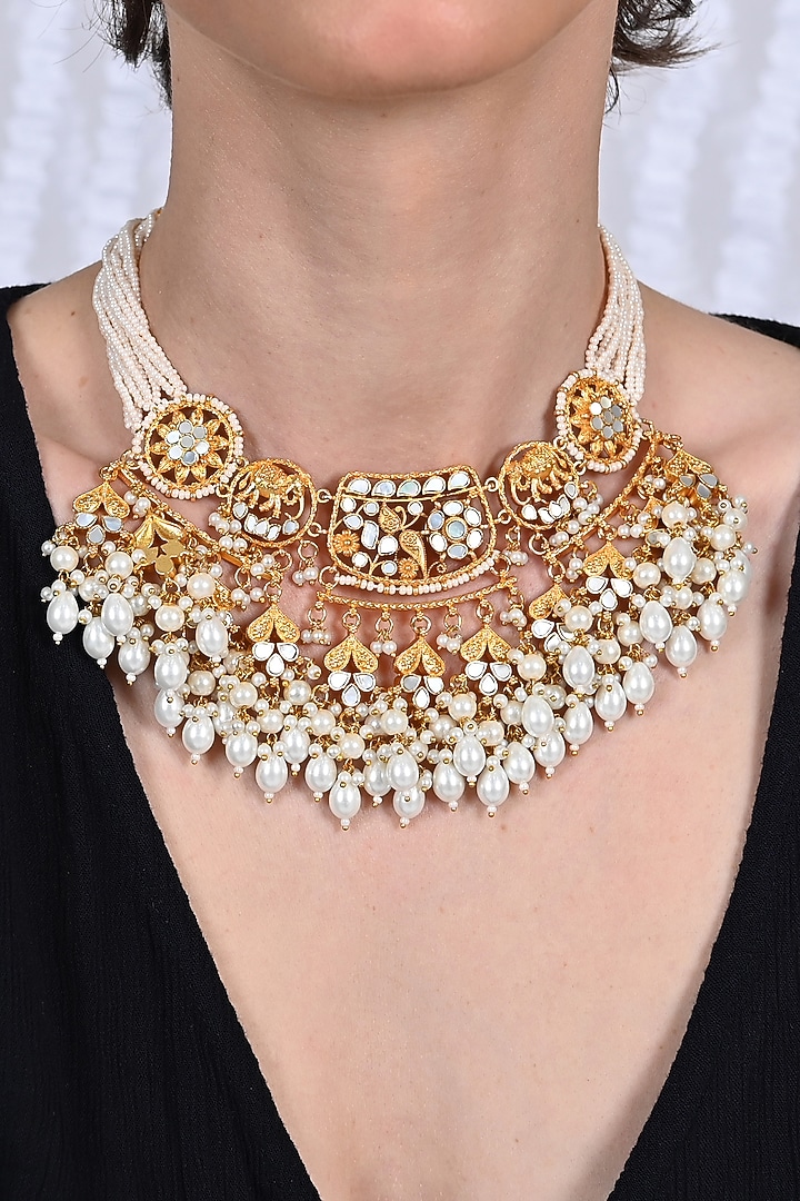 Gold Plated Mother Of Pearl Necklace Set by Shlok Jewels at Pernia's Pop Up Shop