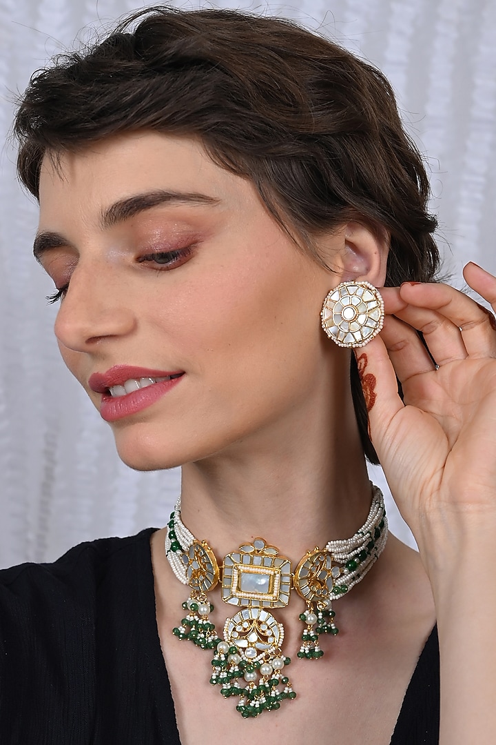 Gold Plated Mother Of Pearl Choker Necklace Set by Shlok Jewels at Pernia's Pop Up Shop